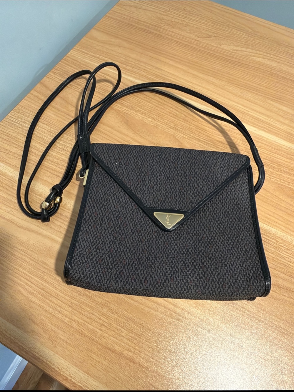 Vintage Yves Saint Laurent Black Textured Envelope Crossbody with Gold Tri-Logo